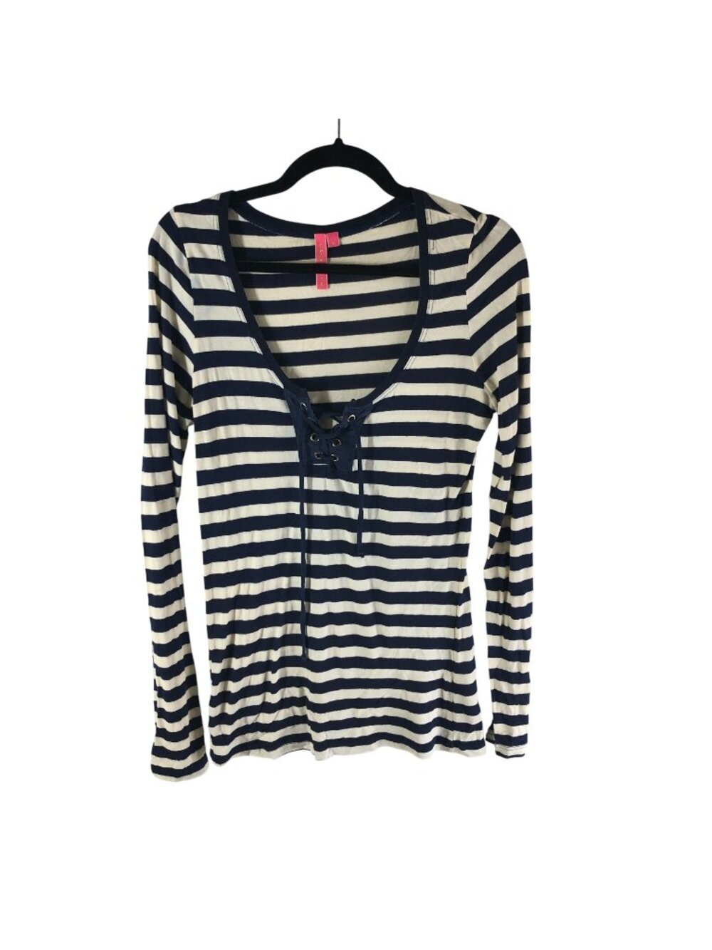 Charlotte Striped Navy & White Long Sleeve Top With Lace-Up Front Medium